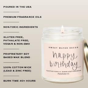 Sweet Water Decor Happy Birthday Soy Candle - Vanilla Sugar & Buttercream Sweet Scented Happy Birthday Candle Gift for Mom, Friends & Girls - 40 Hour Burn Time - 9oz - Non Toxic