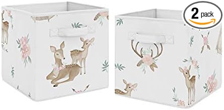 Sweet Jojo Designs Blush Pink, Mint Green and White Boho Organizer Storage Bins for Woodland Deer Floral Collection - Set of 2