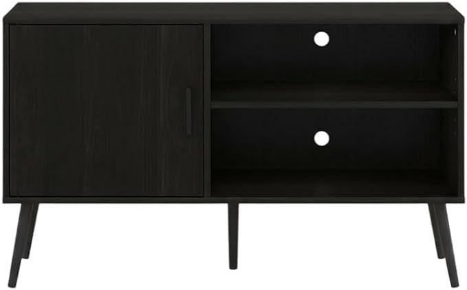 Furnifact Espresso Mid Century Style TV Stand with Wood Legs, One Cabinet and Two Shelves, Durable Wooden Construction, Elegant and Functional Design
