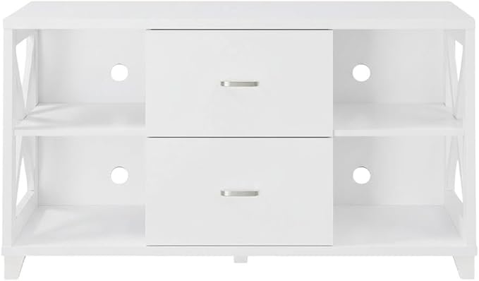 Furnifact White Deluxe 2 Drawer TV Stand, for 55-Inch TVs, Particle Board/MDF, Transitional Coastal Style, Stylish and Functional Design