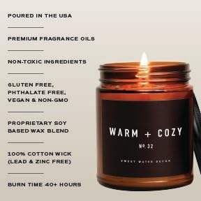 Sweet Water Decor Warm and Cozy Candle | Pine, Orange, Cinnamon, and Fir Balsam Winter Scented Soy Candles for Home | 9oz Amber Jar with Black Lid, 40 Hour Burn Time, Made in The USA