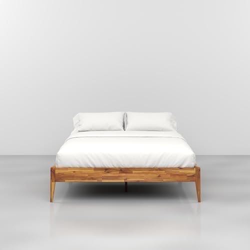 Bme Dinkee Wooden Queen Bed Frame, 15 Inch Height, Elegant Minimalist Modern Design with Japanese Joinery, Durable Wood Slats for Reliable Support, No Box Spring Required, Caramel