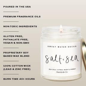 Sweet Water Decor Salt and Sea Candle - Sea Salt, Citrus, Amber, Musk, Beach Scented Soy Candles for Home - Coastal Decor for Beach Lovers - 9oz Clear Jar, 40 Hour Burn Time, Made in The USA