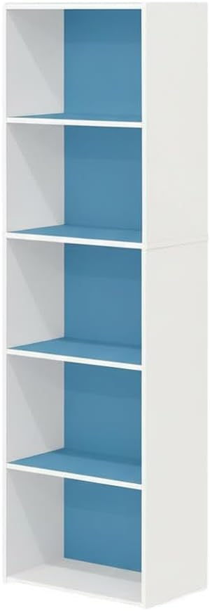 Furnifact White and Light Blue 5-Tier Reversible Open Shelf Bookcase, Durable, Spacious Storage, Versatile for Living Room or Office