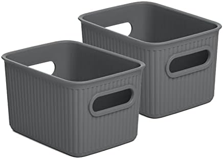 Superio Ribbed Collection - Decorative Plastic Basket Open Home Storage Bins Organizer, Small Grey (2 Pack) Container Boxes for Organizing Closet Storage Bins for Shelves Drawer Shelf 1.5 Liter