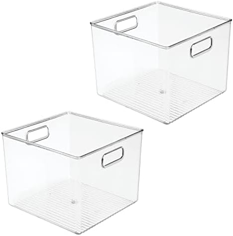 mDesign Small Modern Plastic Storage Organizer Bin Basket with Handles for Home Closet Organization - Shelf, Cubby, Cabinet, and Cupboard Organizing Decor - Ligne Collection - 2 Pack - Clear