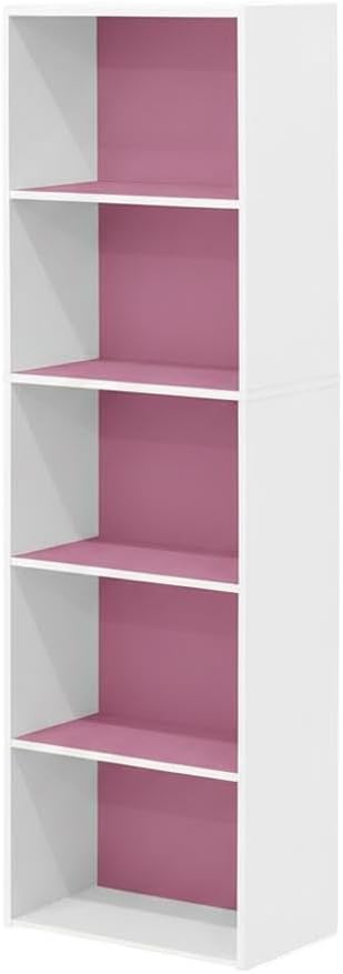 Furnifact White and Pink 5-Tier Reversible Color Open Shelf Bookcase, Durable Storage Organizer, Modern Design, Versatile, Easy Assembly
