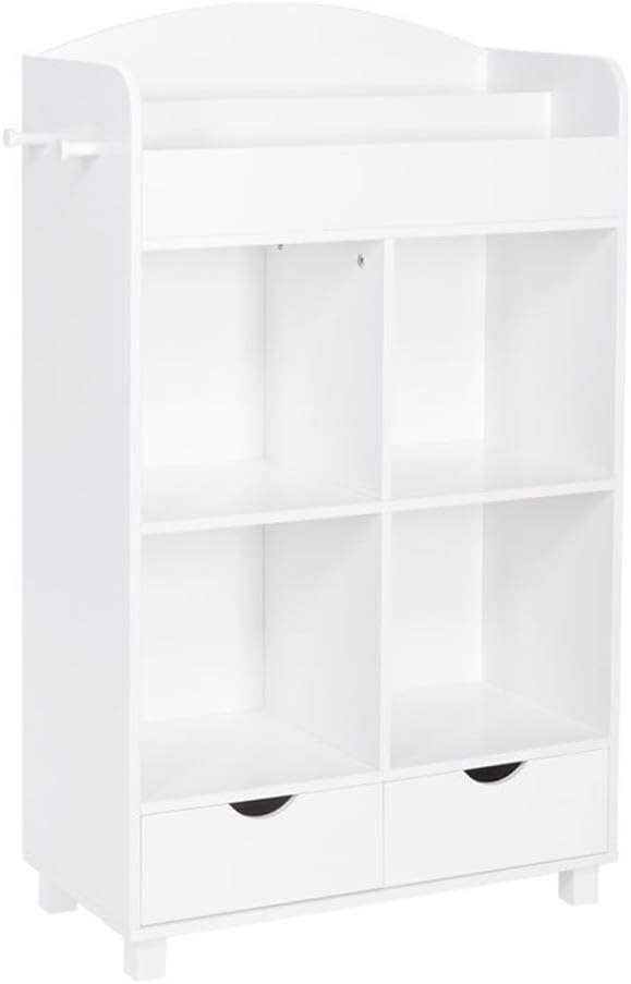 RiverRidge Home Bookshelf for Kids Toy Storage Cabinet with Cubbies Book Nook Area- 4 Cubbies, 2-Slot Bookrack, 2 Drawers & Hooks for Kids Toys, Games & Book Storage Fits RiverRidge Folding Cubby Bins
