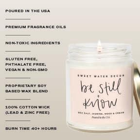 Sweet Water Decor, Be Still and Know, Sea Salt, Jasmine, Cream, and Wood Scented Soy Wax Candle for Home - Christian Candle Gifts for Women - 9oz Clear Jar, 40 Hour Burn Time, Made in The USA