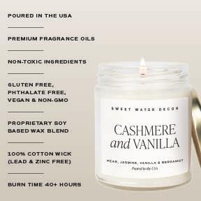 Sweet Water Decor Cashmere and Vanilla Soy Candle - Jasmine, Soft Cashmere, Sandalwood, Vanilla Scented Spring Candle for Home - 9oz Clear Jar with Lid, 40+ Hour Burn Time, Made in The USA