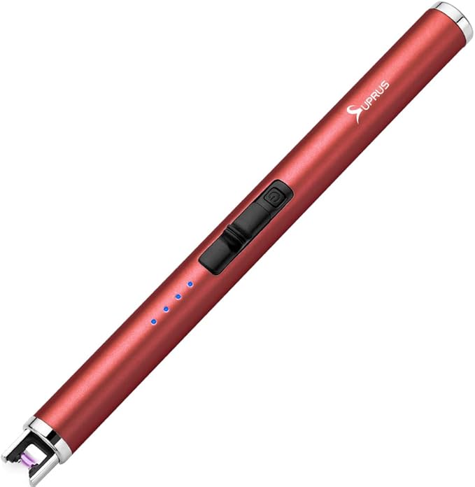 SUPRUS Electric Lighter Candle Type C Rechargeable Lighter with Upgraded LED Battery Display Safety Switch Flameless Plasma Windproof for Candle Cooking BBQs Fireworks Gift(Red)