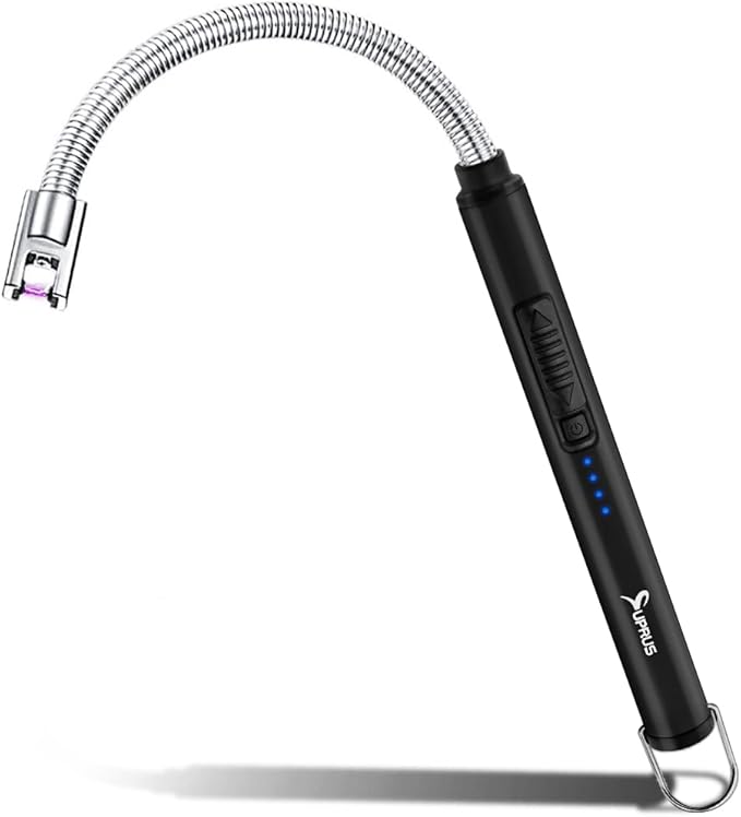 SUPRUS Electric Candle Lighter USB Type C Rechargeable Lighter Steel Shell & Hanging Hook with 360° Flexible Neck (Black)