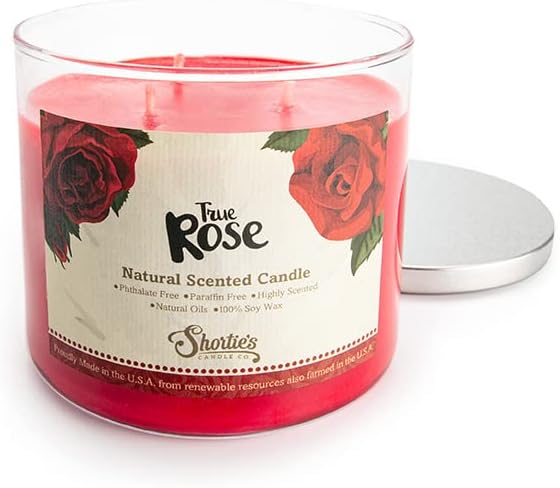 True Rose Highly Scented Natural 3 Wick Candle, Essential Fragrance Oils, 100% Soy, Phthalate & Paraben Free, Clean Burning, 14.5 Oz.