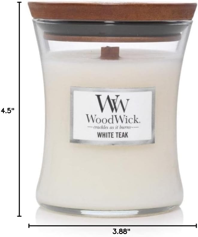 WoodWick Medium Hourglass Candle White Teak - Premium Soy Blend Wax Pluswick Innovation Wood Wick Made in USA