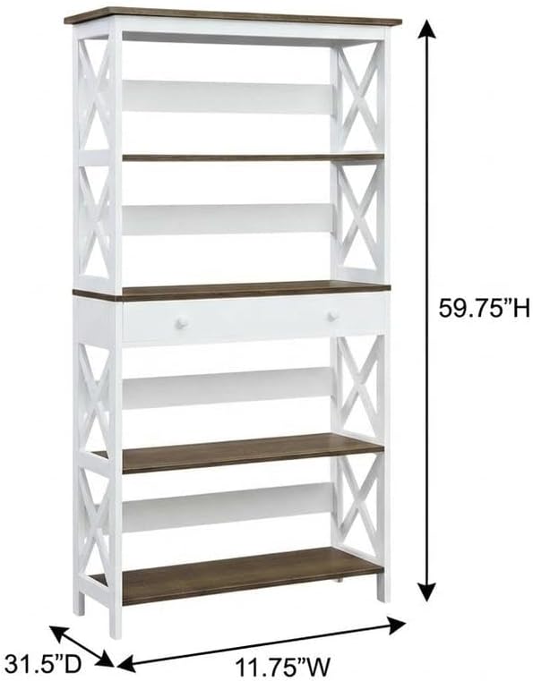 Furnifact Driftwood White 5-Tier Bookcase with Drawer, Durable MDF and Particle Board Construction, Melamine Finish, Stylish Storage Solution