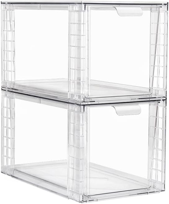 2Pack Large Stackable Storage Drawers,Clear Acrylic Organizers with Handle,Easily Assemble for Kitchen Undersink,Bathroom,Cabinet,Makeup,Closet,Medicine,Pantry Organization Bins