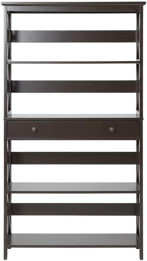 Furnifact Espresso 5-Tier Bookcase with Drawer, Durable Particle Board and Non-Lead Base Paint, Stylish Storage Solution for Home or Office, Modern Design