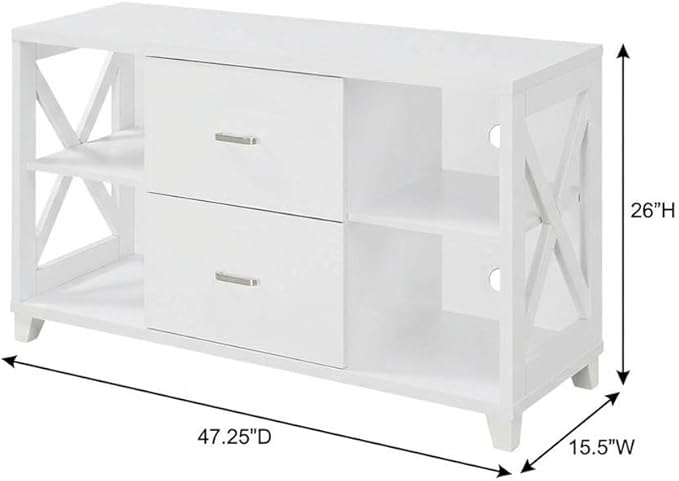 Furnifact White Deluxe 2 Drawer TV Stand, for 55-Inch TVs, Particle Board/MDF, Transitional Coastal Style, Stylish and Functional Design