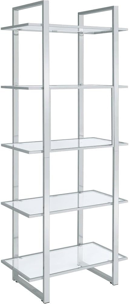 Contemporary Five-Tier Bookcase with Clear Glass Shelves in Polished Chrome by FurniFact