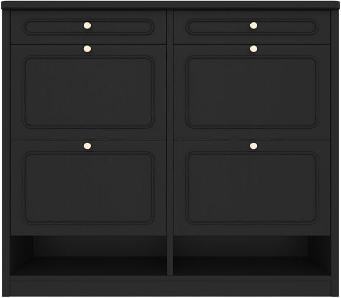 Wooden Shoe Cabinet with 4 Flip Drawers 2 Storage Drawers Farmhouse Style Shoe Organizer for Classified Storage Black (Black)