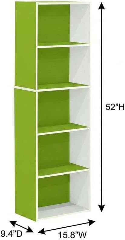 Furnifact White and Green 5-Tier Reversible Open Shelf Bookcase, Durable Construction, Stylish Modern Design for Living Room, Bedroom, Office Storage