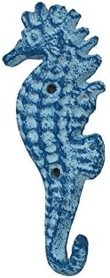 Handcrafted Nautical Decor Rustic Light Blue Whitewashed Cast Iron Seahorse Hook 7" - Rustic Wall Art - Na