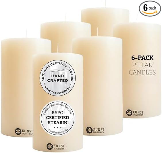 Pillar Candles, Handmade in Europe, 6 Pack – RSPO Certified, Dripless & Smokeless Velas, Long Burning Candles 45 Hours per Large Candle, Unscented Candle Set (6 pcs, Ø 2.4 in x H 4.7 in, Off-White)