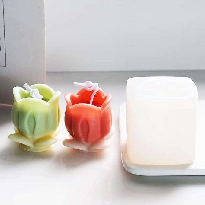 Cestony 2Pcs 3D Tulip with Leaves Candle Silicone Molds for Making Candle Resin Pillar Aromatherapy Gypsum Candles Wax Soap Flower Specimen Clay Craft