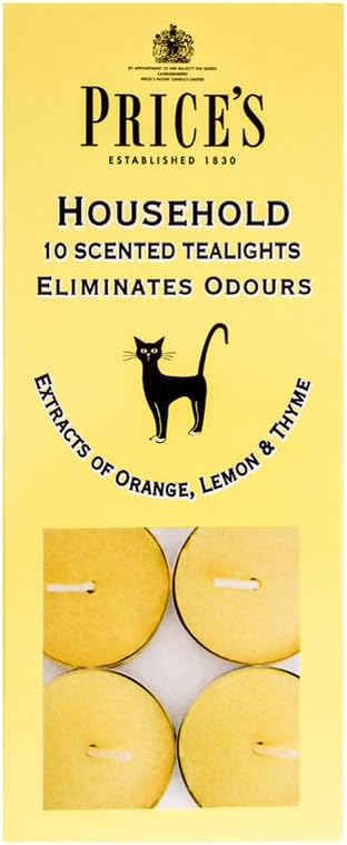 Price's - Household Pet Tealights - 10 Pack - Odour Eliminating Candle - Made with Orange, Lemon & Thyme Extracts - Clean, Fresh, Quality Fragrance - Long Lasting Scent