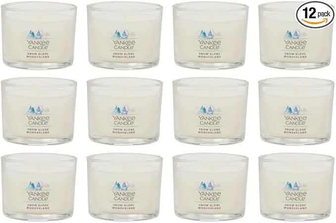 Yankee Candle Signature Votive Mini Candle Jar, Snow Globe Wonderland Scent, Natural Soy Wax Blend Candle with Natural Fiber Wick, 1.3 OZ Glass Jar (Pack of 12)