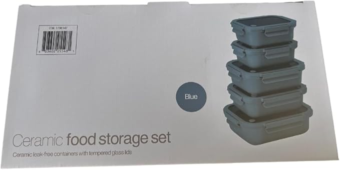 Safdie Ceramic Food Storage Set, 5 Containers with Glass Lids, Leak-Free Kitchen Containers (Blue)