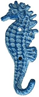 Handcrafted Nautical Decor Rustic Light Blue Whitewashed Cast Iron Seahorse Hook 7" - Rustic Wall Art - Na
