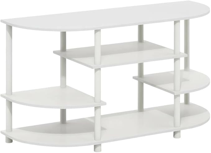 Furnifact White Corner TV Stand, Modern Living Room Media Console with Rubberwood Solids and Walnut Veneer Construction, Durable Wood Storage Solution