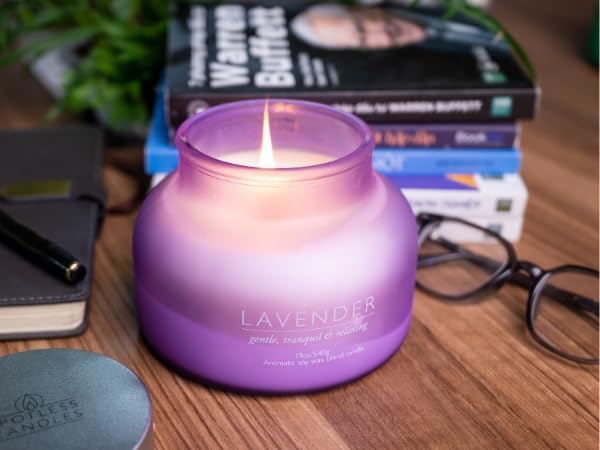 Lavender Candle 19oz Volcano Jar with Wooden Wick Upto 75 Hours Burn Time in a Large 4" x 5" Solid Purple Glass Jar in a Luxury Gold Foil Gift Box