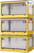 3-Pack Stackable Storage Bins, 50-Liter Collapsible Organizers with 3 Lids, Wheels, Foldable Collapsible Box for Outdoor Camping, Orange