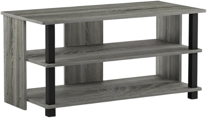 Furnifact French Oak Grey/Black Sully 3-Tier TV Stand for Up to 40-Inch TVs, Elegant Wooden Construction, Spacious, Modern Design, Durable Storage Solution