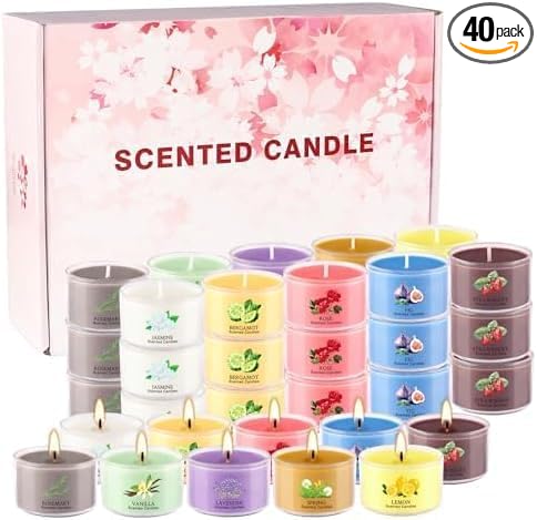 40 Pack Scented Candle Set, 10 Fragrances, 35g Natural Soy Wax Candles with Smokeless Cotton Wicks, Ideal for Home Decor, Yoga, Meditation, Spa & Gifting.Mother's Day