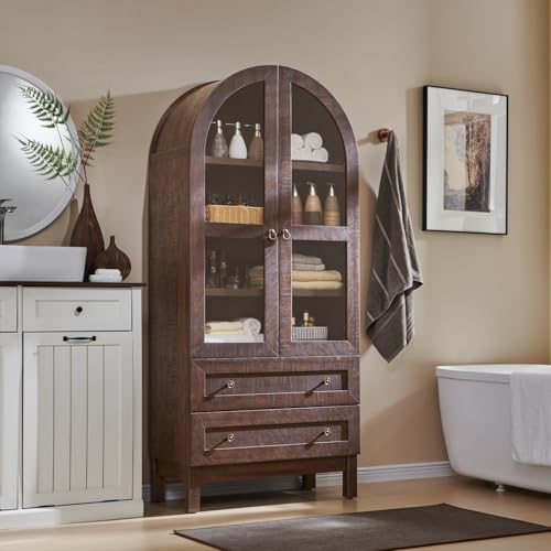 IFBUY 71" Tall Arched Bookshelf, 4-Tier Bookcase with Glass Doors and Shelves, Wooden Display Cabinet w/2 Large Storage Drawers, Modern Farmhouse Versatile Bookshelf for Living Room, Bedroom, Brown