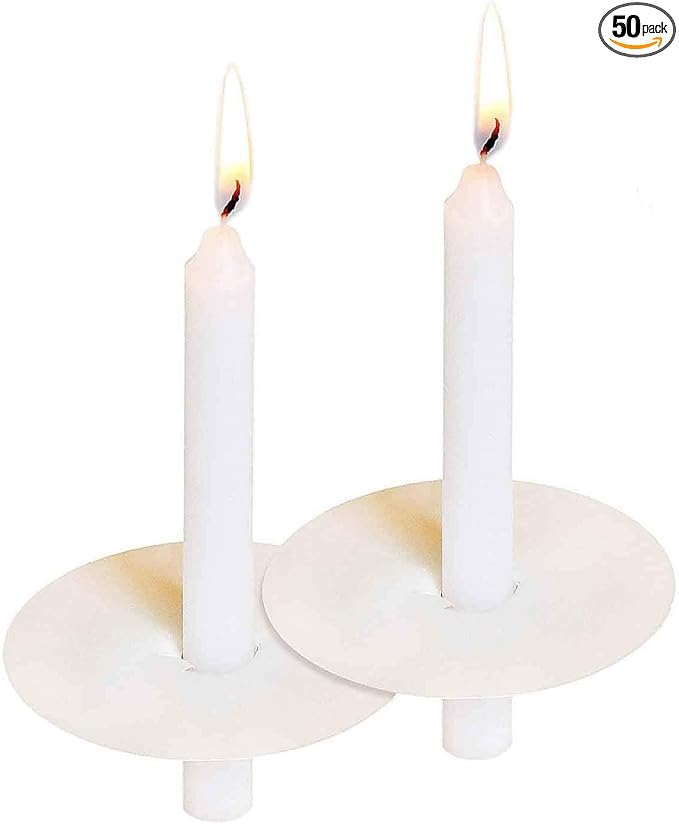 Church Candles with Drip Protectors, Box of 50 Candles, Devotional Candlelight Vigil Service Taper Candles, Smokeless,Unscented White 5" X 1/2"