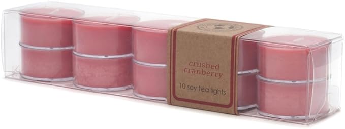 ECO CANDLE CO. Tea Light Candles, Crushed Cranberry, 10-Pack - Scents of Fresh Cranberries, Apples, Citrus, Clove & Cinnamon - Recyclable, 100% Soy Wax, No Lead, Kraft Paper Label & Lid, Hand Poured