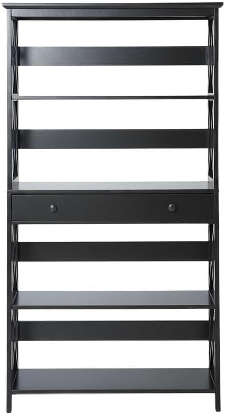Furnifact Black 5 Tier Bookcase with Drawer, Modern Storage, Durable Particle Board, Non Lead Paint Finish, Home Office or Living Room Organizer