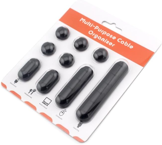 Multi-Purpose Cable Management System, Silicone Wire Organizer Clips Set, Black, 9-Piece Kit with 4 Sizes, Desktop and Office Cable Holder for Charging, Data, Network, Audio Cables