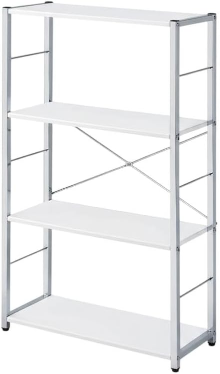 Furnifact White and Chrome Finish Bookshelf with Sturdy Design, Modern Style, Durable Construction, Ideal for Home and Office Storage