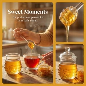 Lawei Glass Honey Jar with Dipper and Lid, 10 OZ Heat-Resistant Bee Hives Honey Pot, Clear Glass Honey Container for Store Honey and Syrup, Home and Kitchen, Easy to Clean, Dishwasher Safe