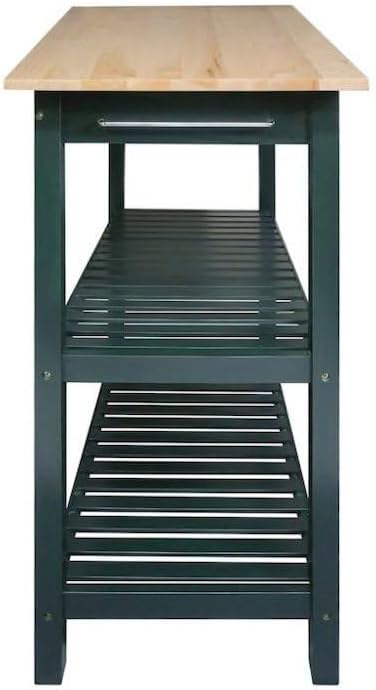 Furnifact Solid Wood Kitchen Island with Drawer, 2 Open Shelves, Hunter Green Base and Natural Top, Island Table for Kitchen Storage and Food Prep