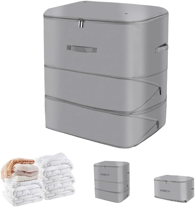 Space Saving Self Compression Organizer,Compression Storage Bags for Bedding and travel,Storage bags for Blankets Duvet Quilts Pillows, Comforter Storage with zippered ventilation holes（Grey XL）