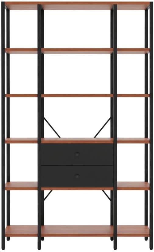 Furnifact Cherry Black 5 Tier Bookcase with Drawer, Durable Particle Board, Melamine Finish, Non Lead Base Paint, Stylish Home Office Storage Solution