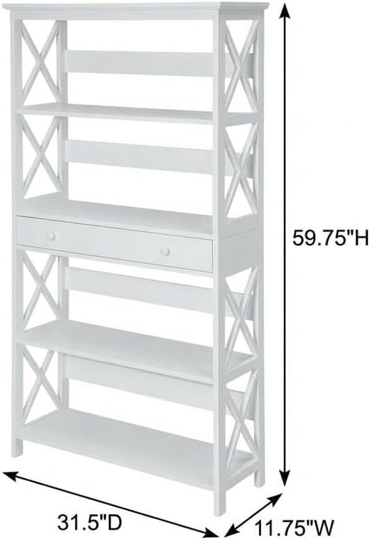 Furnifact White 5 Tier Bookcase with Drawer, Durable Particle Board, Non-Lead Base Paint Finish, Spacious Shelves, Modern Home Office Storage