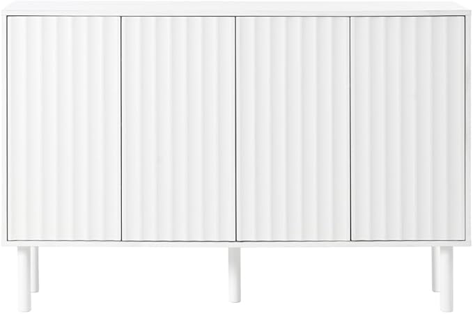 Minimalist Shoe Storage Cabinet with 5 Solid Wood Legs Cream Style Fluted Doors 4-Door Storage Organizer Adjustable Shelves for Living Room