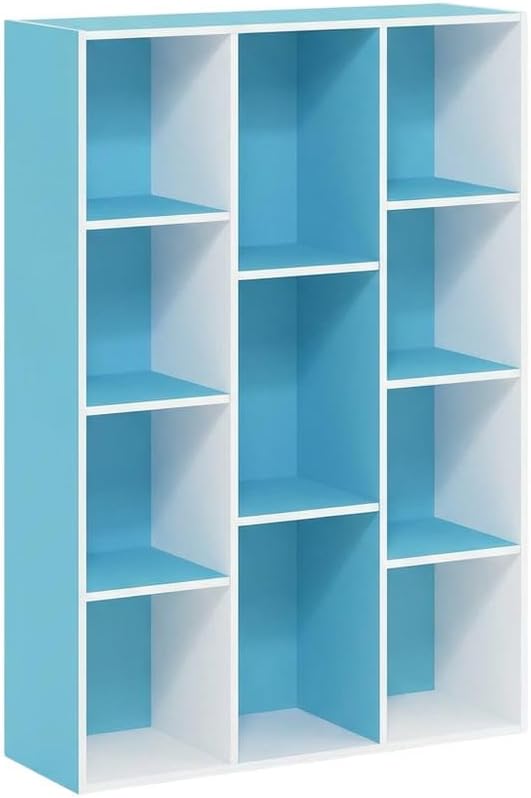 Furnifact White Light Blue 11-Cube Reversible Open Shelf Bookcase, Durable Wood Construction, Versatile Storage Solution, Modern Design